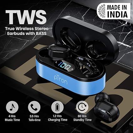 pTron Bassbuds Plus in Ear True Wireless Stereo Earbuds with Mic, Deep Bass Bluetooth Headphones, Voice Assistance, IPX4 Sweat & Water Resistant TWS, 12Hrs Battery & Fast Charge (Blue & Black)