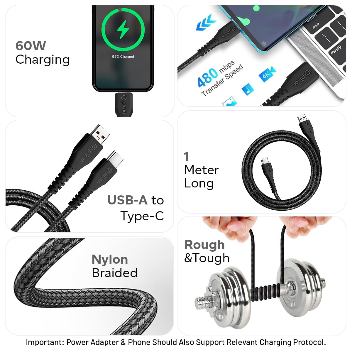 pTron Solero Braid 60W Type C Fast Charging Cable 1m for Samsung, OnePlus, Oppo, Vivo, Xiaomi, Realme, IQOO & other Type C devices, Unbreakable Nylon