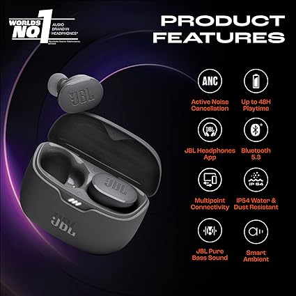 JBL Tune Buds In Ear Wireless TWS Earbuds with Mic, ANC Earbuds, Customized Extra Bass with Headphones App, 48 Hrs Battery, Quick Charge, 4-Mics, IP54, Ambient Aware & Talk-Thru, Bluetooth 5.3 (Black)