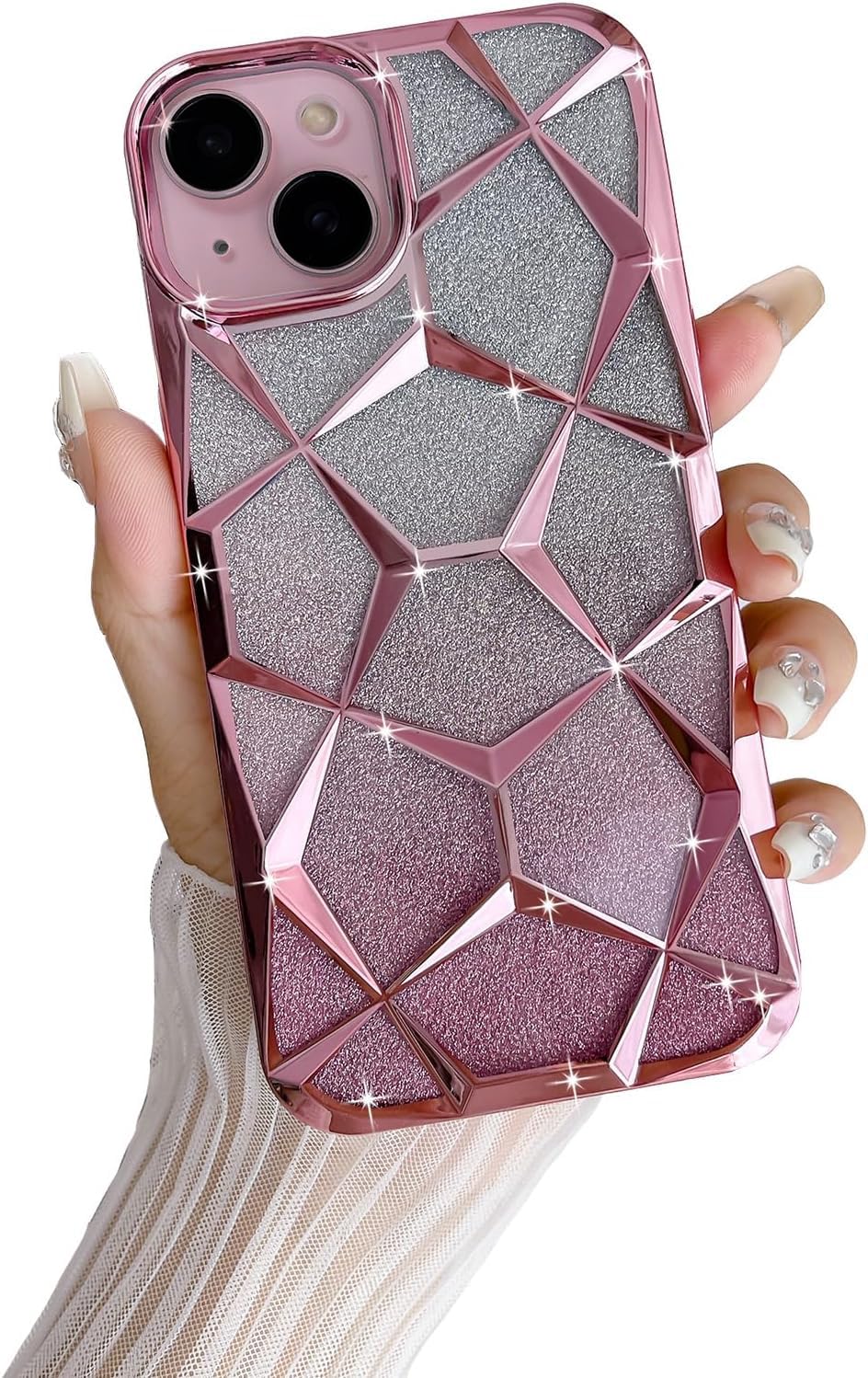 VONZEE iPhone 15 Gradient Glitter Case, Luxury Electroplated Geometric 3D Cube, Diamond Bling Shiny Soft TPU Clear Shockproof Women Girls Protective Phone...