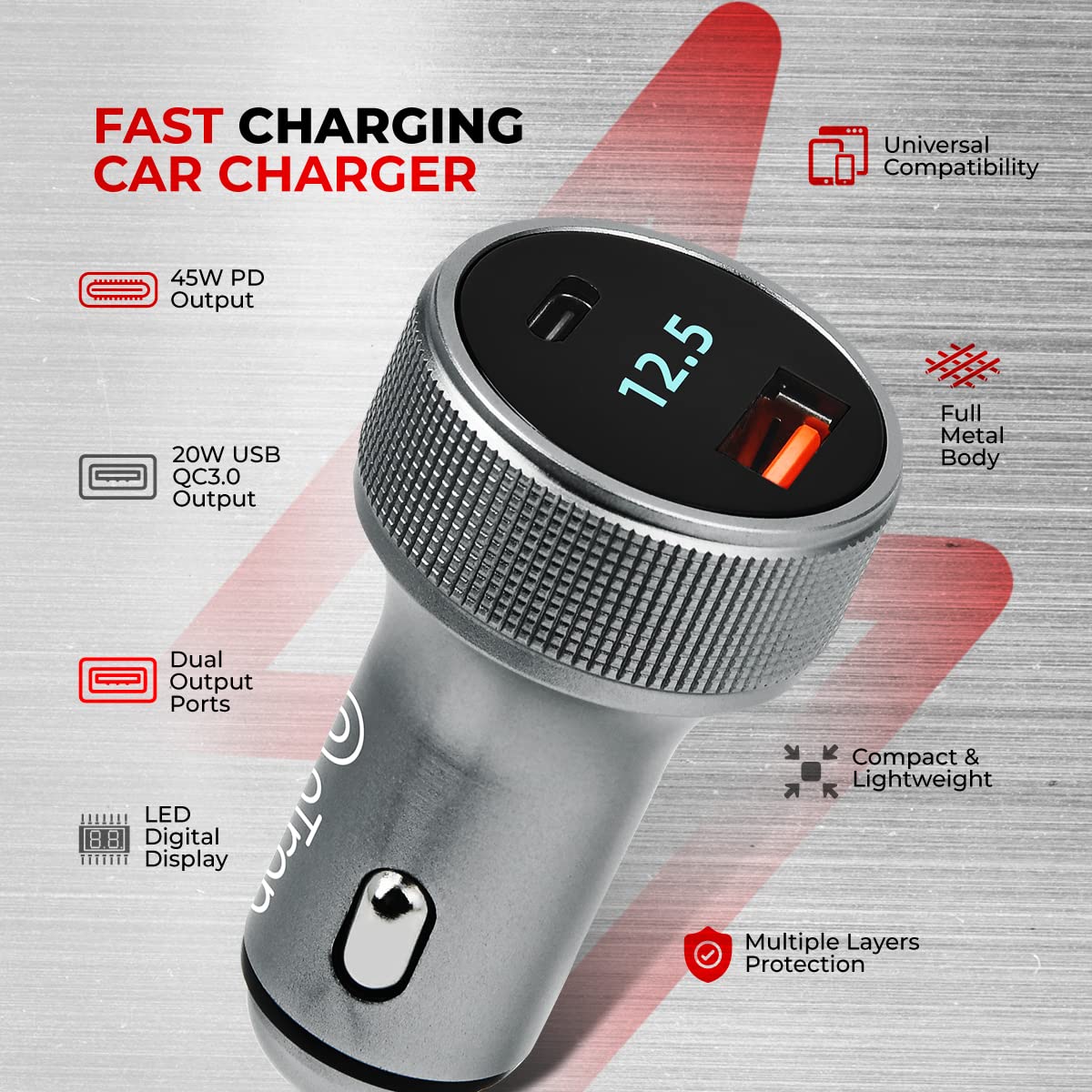 pTron Bullet Ultima Mini 65W Car Charger with Dual Output, Fast Charging (Type-C PD 45W & 20W USB QC 3.0A), Lightweight & Durable Metal Body &...