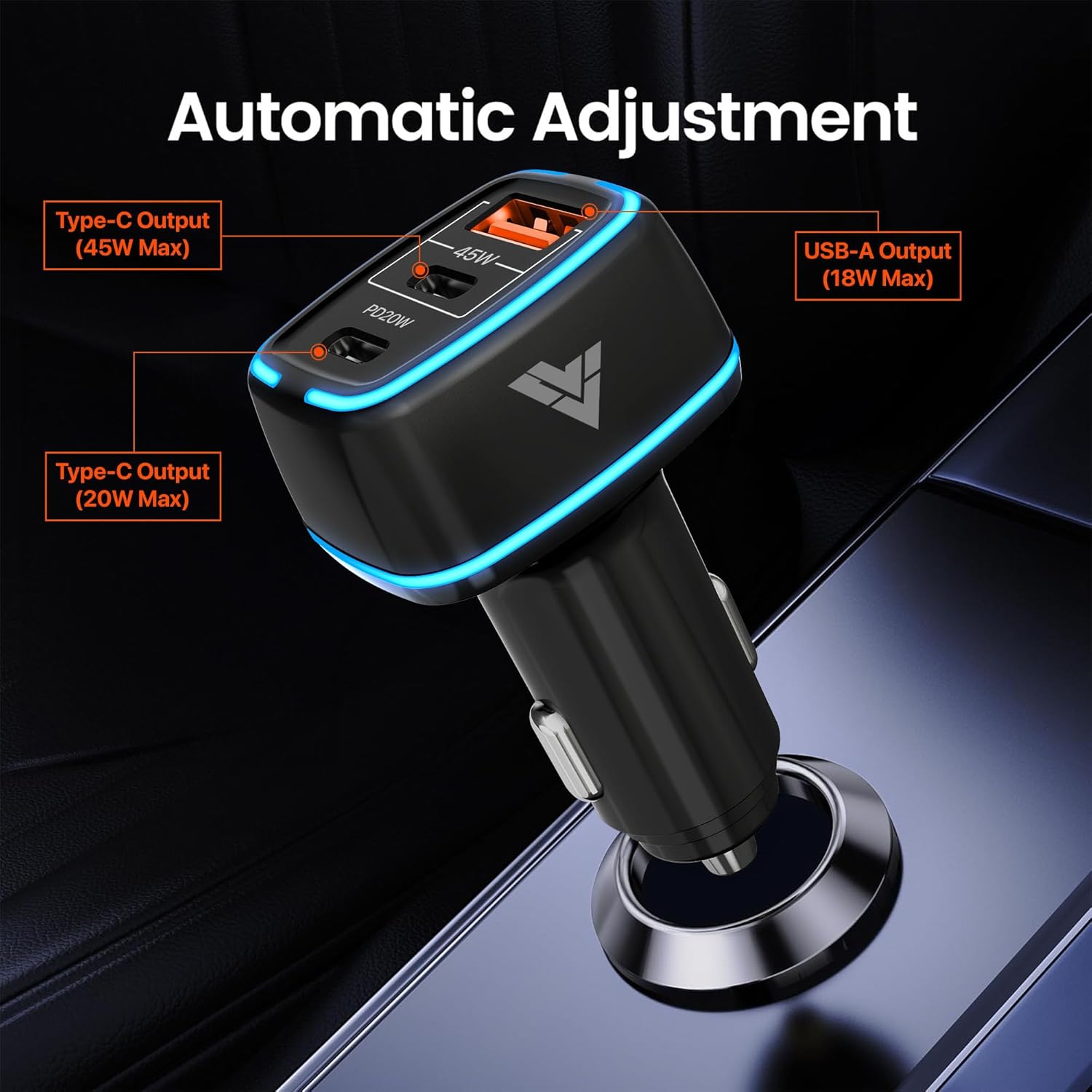 DR VAKU® 65W Car Charger Triple Port Output Fast Charging Type C PD 45w + 20w + 18w QC 3.0 Car Mobile Charger Adapter for iPhone 16/15/14 All Series,...