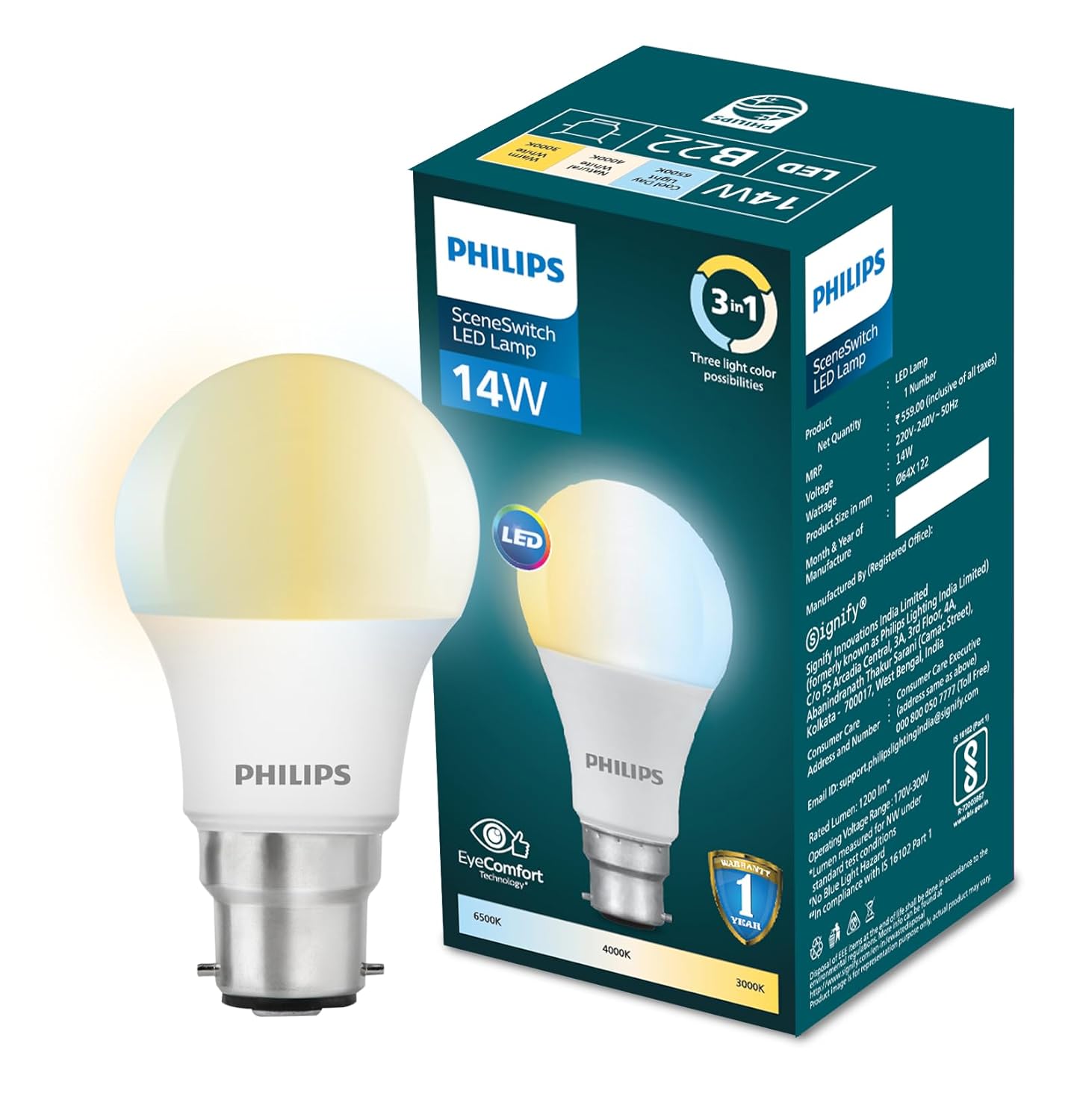 PHILIPS 14-Watt LED Bulb | 3 Colours in 1 LED Bulb | Scene Switch Bulb for Home & Decoration | Colour : Tunable White, Pack of 1