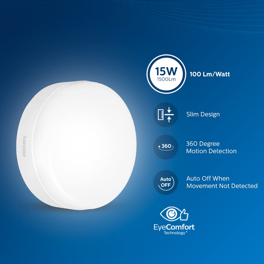 PHILIPS Full Glow Motion Sensor 15-watt Round LED Surface Downlighter | Full Glow Sensor Surface Downlight for Ceiling | LED Sensor Ceiling Light for Home...